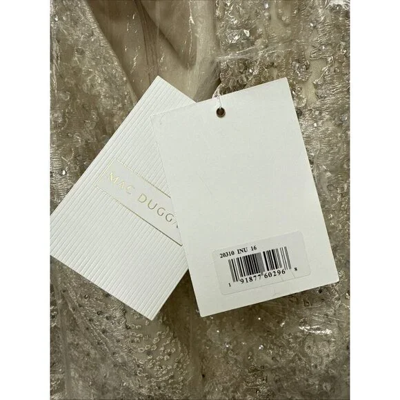 Mac Duggal Size 16 Ivory Nude Embellished Flutter Sleeve Lace A-Line Gown $798 - Picture 8 of 8